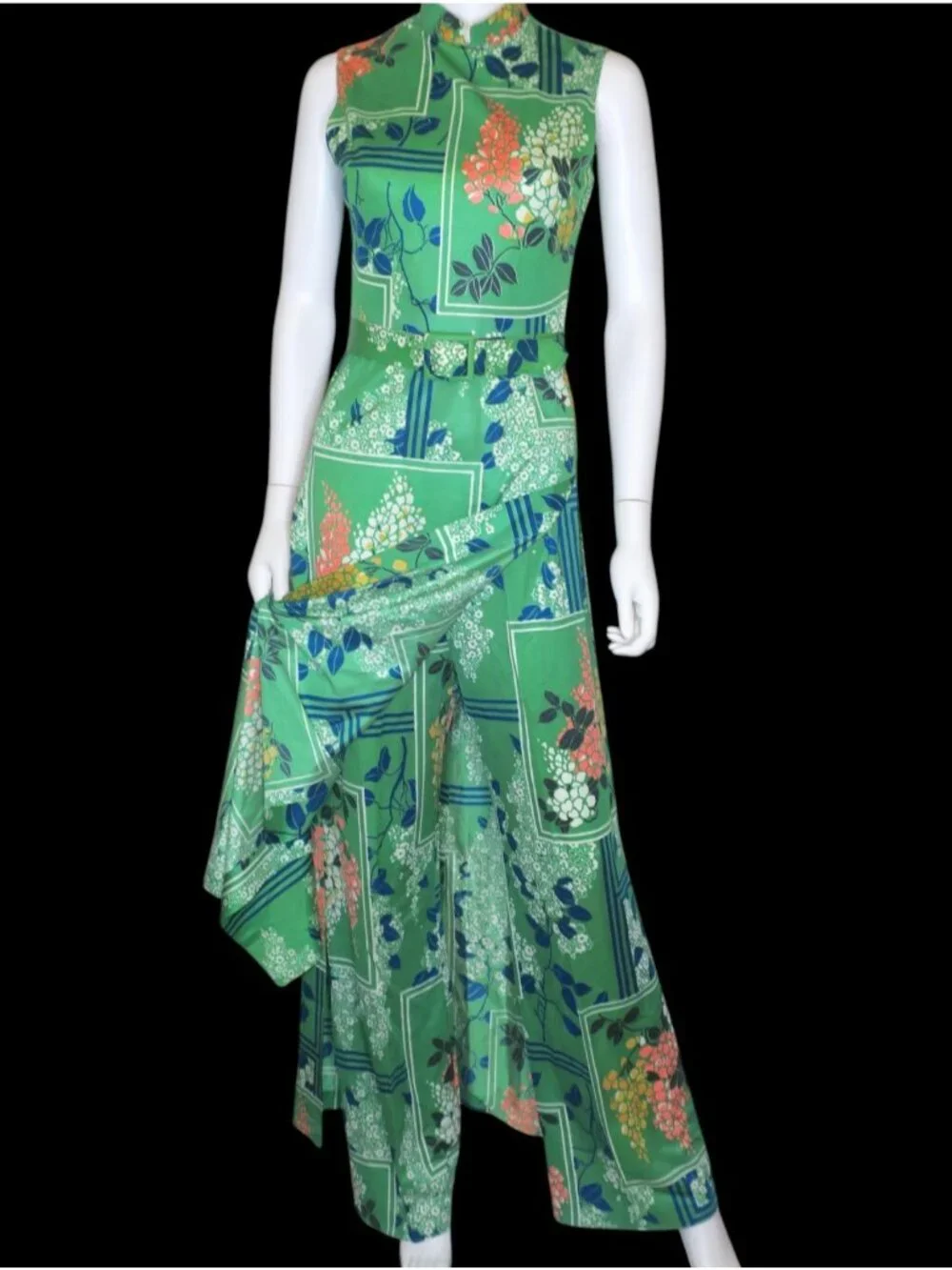 Vintage 70s George Gerring 2 Pc Maxi Dress & Pants Set Asian Mandarin Collar